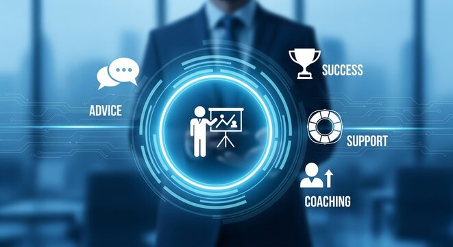 Mentoring and Coaching Concept with Large Icons — Advice, Success, Support, Growth Training Illustration