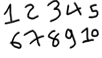 A hand-drawn set of numbers from 1 to 10 for kids' educational materials & chalkboard style infographics. This rough, sketchy doodle font is isolated on a transparent background.