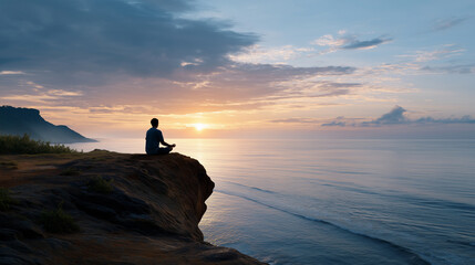 崖の上で朝日を眺めながら瞑想する男性のシルエット