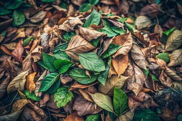 Dense layer of autumn leaves with prominent green foliage emerging from brown dried leaves natural ground cover