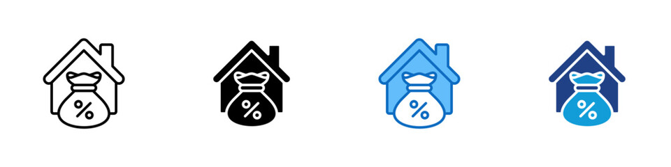 Home Loan Multiple Style Icon Design Vector - House with a money bag and percentage sign, symbolizing mortgage, property loan, or housing finance