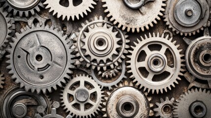 Interlocking gears of various sizes, showing intricate mechanical details, aged metal tones