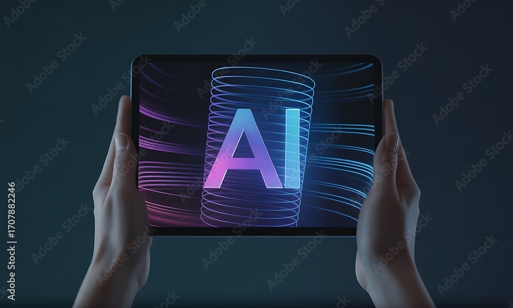 Poster hands holding tablet with glowing ai letters and neon abstract waves, ideal for illustrating artific