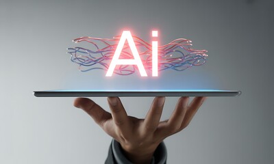 Glowing AI text with neural network lines hovering above a tablet in a human hand, ideal for illustrating artificial intelligence and futuristic digital technology concepts