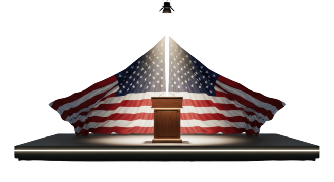 Empty Political Podium on Stage with American Flag Backdrop detailed illustration featuring debate, United, stand, - Powered by Adobe