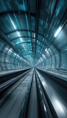 A futuristic, high-speed transit tunnel, depicted with motion blur, features a sleek, metallic design and glowing cyan accents.  The perspective is from within the vehicle, emphasizing speed