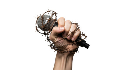 Hand gripping a microphone wrapped in barbed wire a concept for censorship and freedom of speech detailed