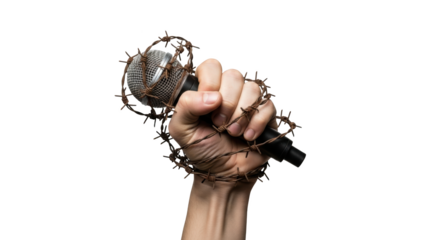 Hand gripping a microphone wrapped in barbed wire a concept for censorship and freedom of speech detailed