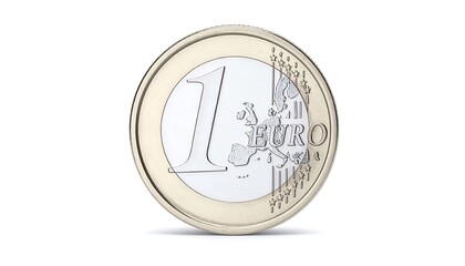 Close-up of a one Euro coin, showing numeral "1" and stylized map of Europe