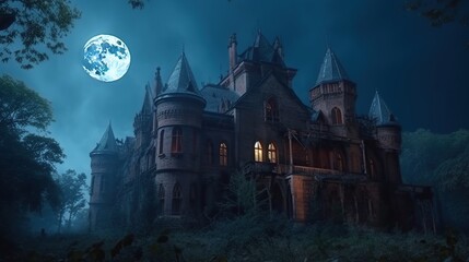 Obraz premium Abandoned gothic castle at night under a full moon