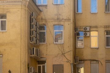 Air conditioners on the facade of the house, ventilation and cooling system, air purification technology. split system.