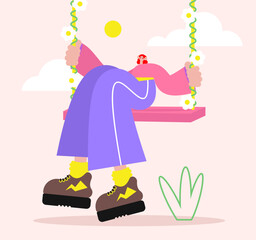 Young woman on swing. Cartoon style character. Flat vector illustration.