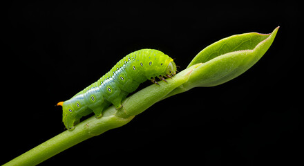 Bright green caterpillar crawling on a leaf bud against black background, showing detailed texture and vivid colors.