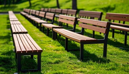 Rows of Empty Wooden Benches on Green Grass in a Park