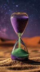A glass hourglass containing purple and green sand sits on a desert dune against a night sky shimmering with bokeh