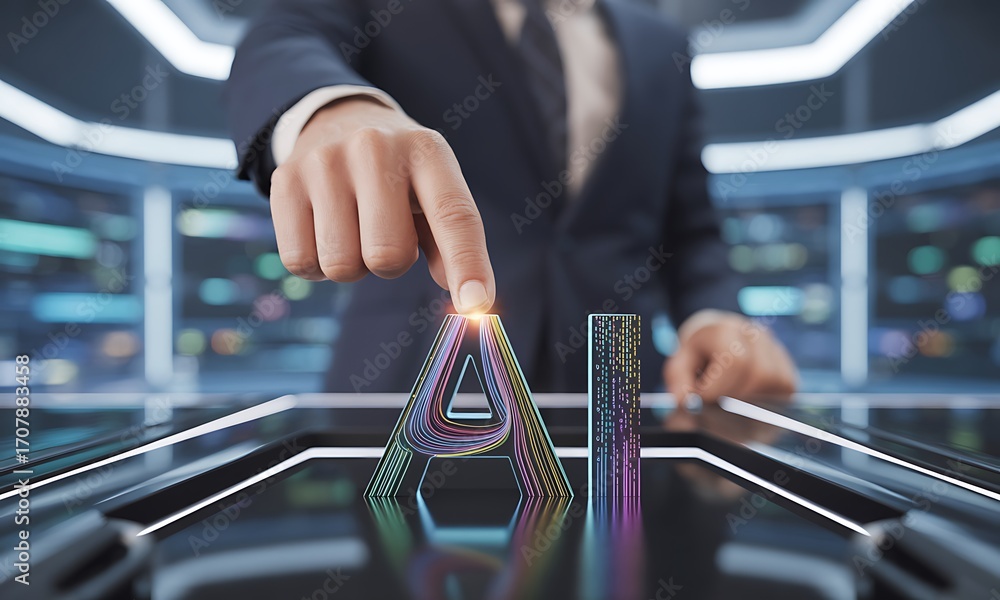 Poster businessman interacting with glowing ai letters on futuristic digital interface, ideal for illustrat