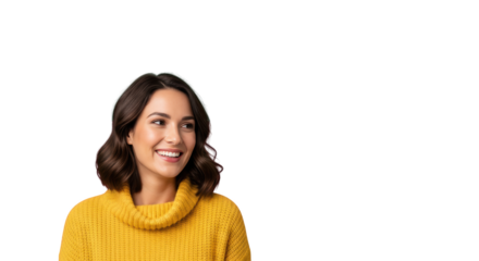 Happy Woman in Yellow Sweater Smiling and Looking Away detailed illustration featuring pretty, girl, knit, mood, fall, woman