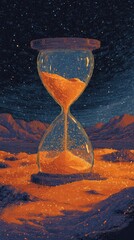A glass hourglass, filled with orange sand, sits on a desert landscape under a starry night sky. The sand slowly trickles down, symbolizing the passage of time against a backdrop of mountains