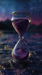 A glass hourglass filled with purple, cosmic sand sits on a dark, glittering surface against a backdrop of a twilight sky, mountains, and stars