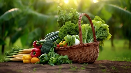 fresh green and mix colored vegetables in big basket in field green plants with agricultural vehical background