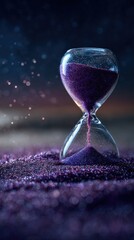 A glass hourglass filled with purple sand sits on a bed of matching sand, against a dark, bokeh-filled background, suggesting the passage of time and ethereal beauty