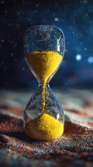 A glass hourglass with vibrant yellow sand slowly trickles against a dark, cosmic backdrop strewn with glittering particles, resting on a textured, rusty surface