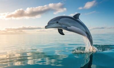Fototapeta premium A playful dolphin leaps from the ocean at sunrise