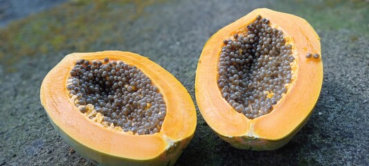 The image shows a ripe papaya fruit that is bright orange in color with a cavity containing many round black seeds, tightly packed together, contrasting with the soft flesh of the fruit.