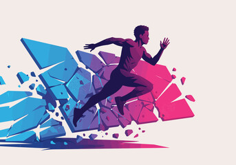 Dynamic runner breaking through a colorful barrier with speed and power.