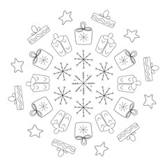 Line Art of Holiday Gifts and Snowflakes