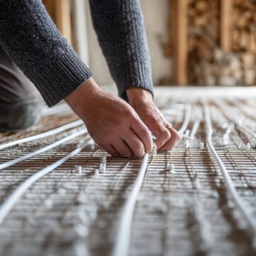 Radiant floor heating installation shows hands placing heating elements under flooring for efficient thermal system, perfect for energy-efficient construction concept.