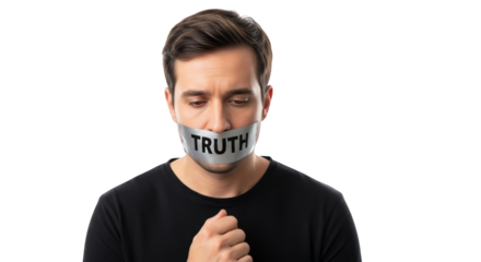 Man with Mouth Covered by Tape Saying Truth detailed illustration featuring man, inequality, information, injustice, protest,