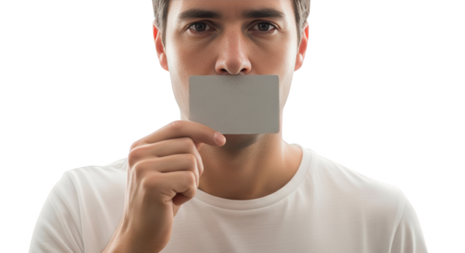 Man Silenced Covering Mouth with Blank Card detailed illustration featuring censorship, passive, considering, cover,