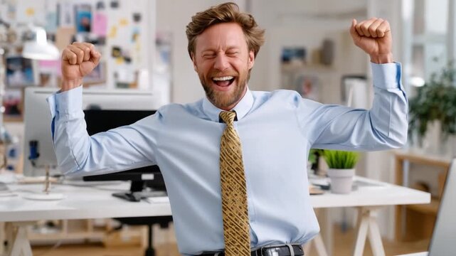 Triumphant Office Worker: A moment of pure elation as a professional man celebrates a personal victory within a modern office environment. Capturing the essence of achievement and goal attainment.
