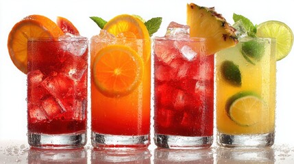 Four colorful cocktails with fruit garnishes isolated on white background