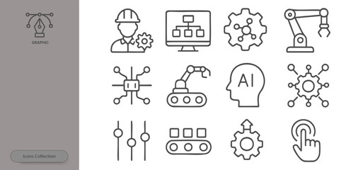 A collection of simple line icons that show concepts related to technology, automation, AI, and industrial processes, suitable for digital or printed materials