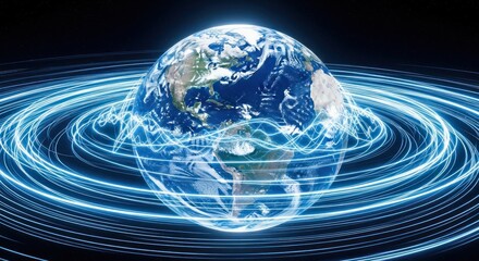 A stylized, digital representation of planet Earth enveloped by glowing, ethereal light trails, suggesting global connectivity and the interconnected nature of the world.