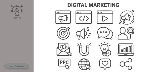Various icons showcase key elements of digital marketing. Featured are symbols for analytics, social media, advertisements, and targeted strategies