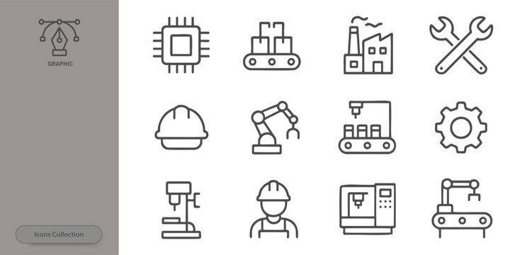 A variety of icons depict different aspects of industrial manufacturing. The icons include machinery, tools, and factory elements, showcasing the industry's key components and activities