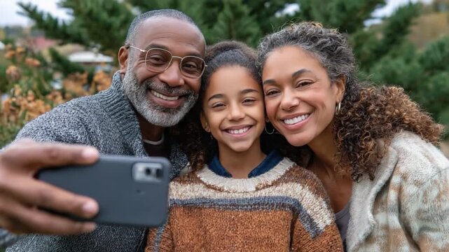 Family selfie capturing pure joy: A multi-generational family, with a parent, a child and a grandparent smiling warmly at camera, capturing a moment of togetherness in vibrant outdoor.