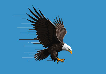 Majestic Bald Eagle in Dynamic Flight Against Blue Sky.