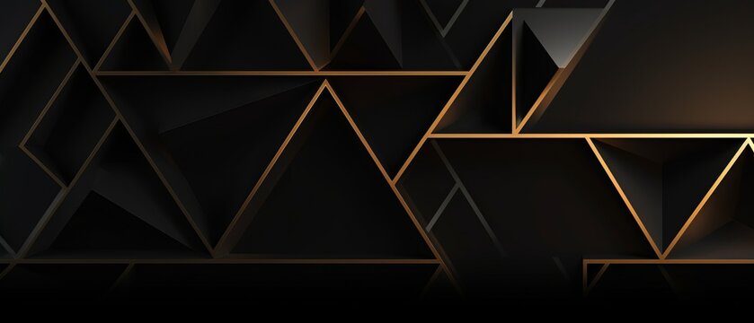 Luxury triangles abstract black metal background with golden light lines. Dark 3d geometric texture illustration