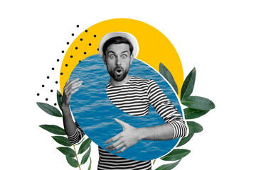 Composite photo collage of astonished sailor guy wear striped shirt hold water design lifebuoy sea season isolated on painted background
