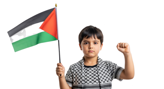 Palestinian Boy Holding Flag Fist Raised detailed illustration featuring activism, rights, culture, country, child, background design