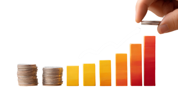  a hand holding coins with an arrow pointing up and a stack of money, a growth graph chart, or a business success concept, isolated on a transparent background 