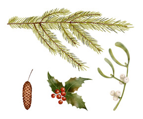 Christmas set with pine branch, cone, holly leaves with red berries and mistletoe, watercolor drawing. Perfect for greeting cards, posters, holiday design, decor and invitations.