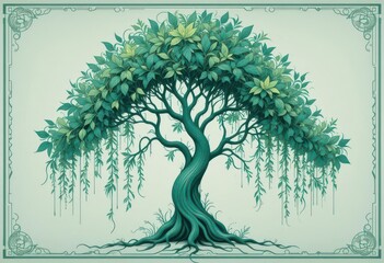 Art Nouveau Willow  Teal Green Tree, Flowing Design