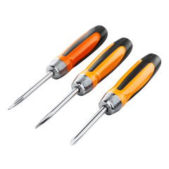 A metallic steel screwdriver with a red and black plastic handle is an isolated tool for repair and