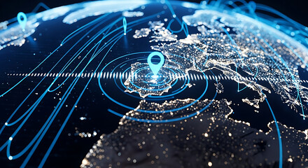 Illuminated earth globe with location pins and network connections in a digital representation ai generated
