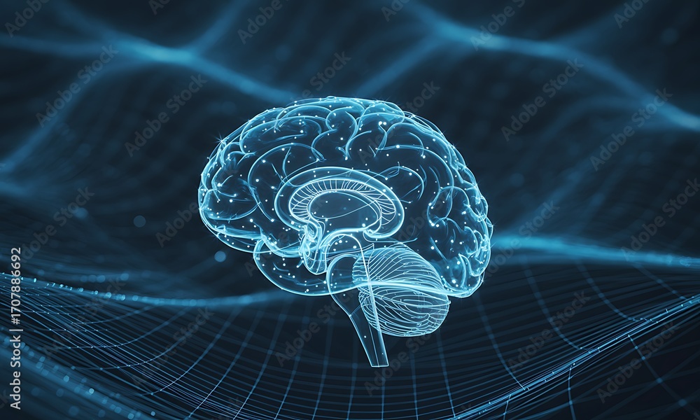Poster futuristic digital brain wireframe with neural network connections, ideal for illustrating artificia